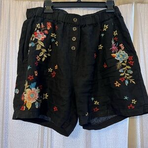 Johnny Was Amana Linen Shorts Black and Floral Size Large